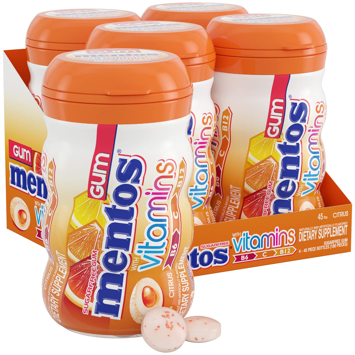 MENTOS Vitamins Gum Citrus — Sugar-Free Xylitol Gum with B6, B12 & C (4 Bottles, 45 Pieces Each)