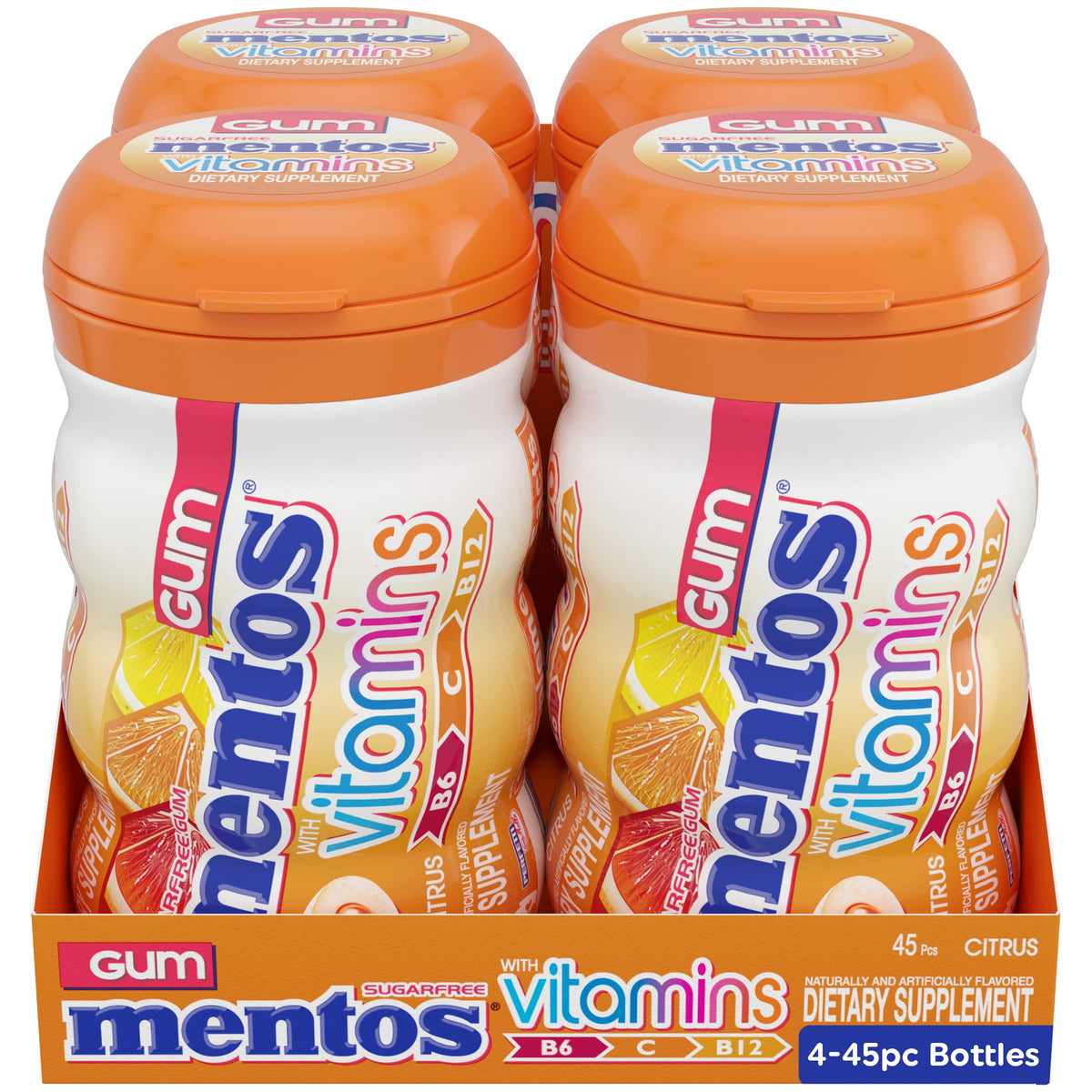 MENTOS Vitamins Gum Citrus — Sugar-Free Xylitol Gum with B6, B12 & C (4 Bottles, 45 Pieces Each)
