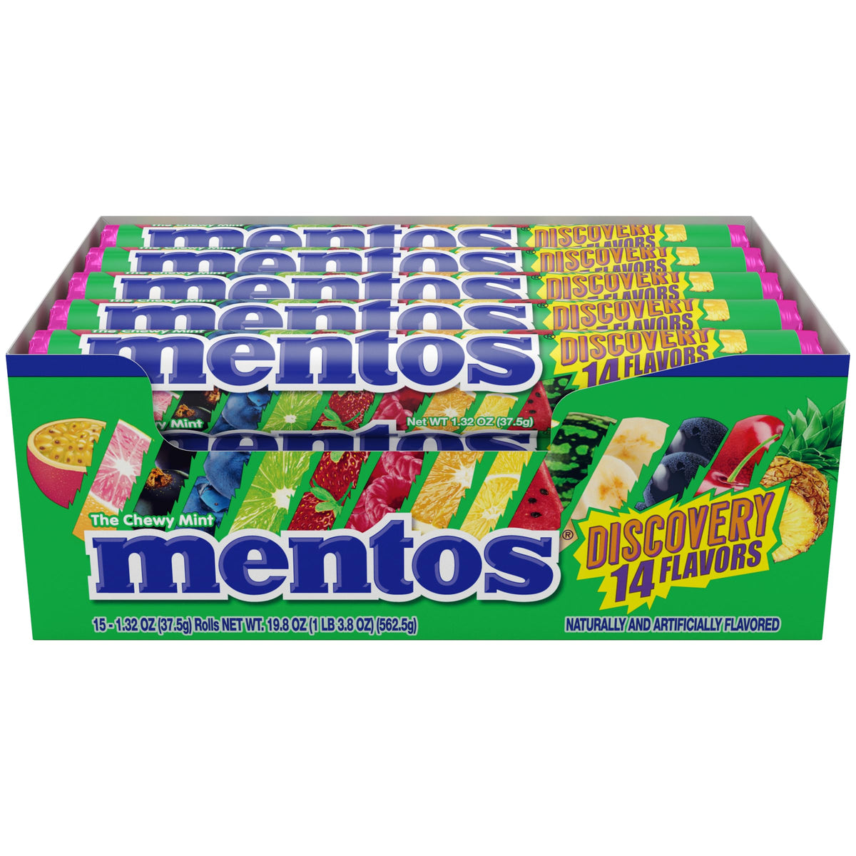 Mentos Chewy Mint Candy Roll – Discovery 14 Assorted Fruit Flavors, 14 Pieces per Roll, 15-Count Showbox