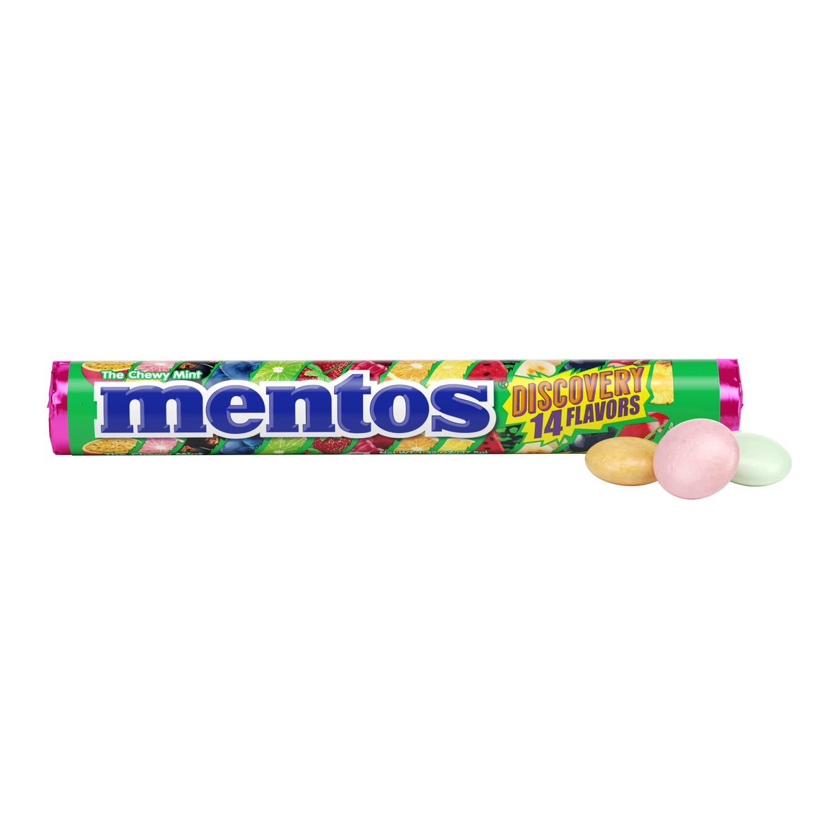 Mentos Chewy Mint Candy Roll – Discovery 14 Assorted Fruit Flavors, 14 Pieces per Roll, 15-Count Showbox