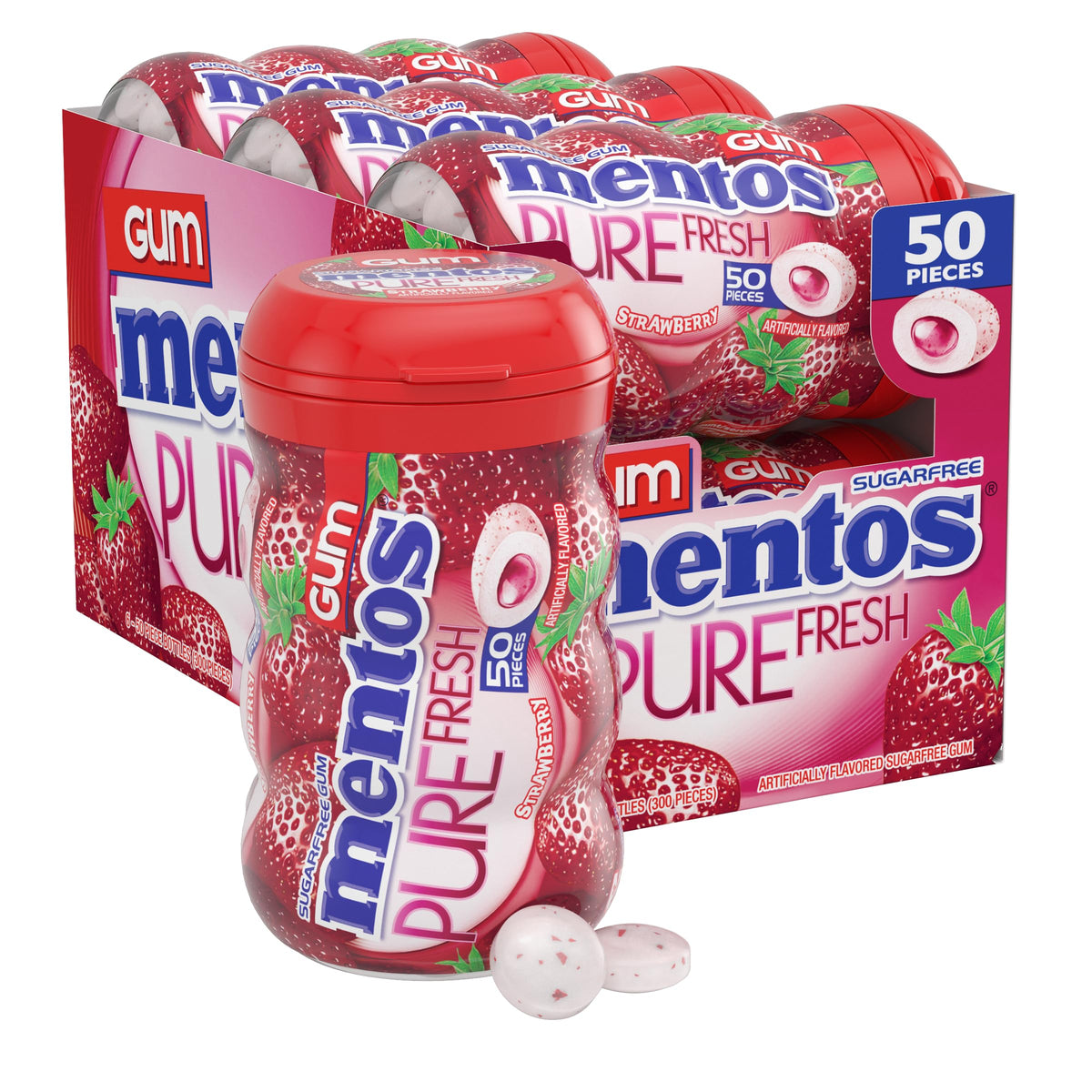 MENTOS Pure Fresh Strawberry Sugar-Free Gum with Xylitol — 6 x 50-Count Bottles (300 Pieces)