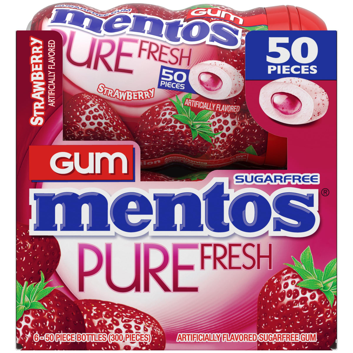 MENTOS Pure Fresh Strawberry Sugar-Free Gum with Xylitol — 6 x 50-Count Bottles (300 Pieces)