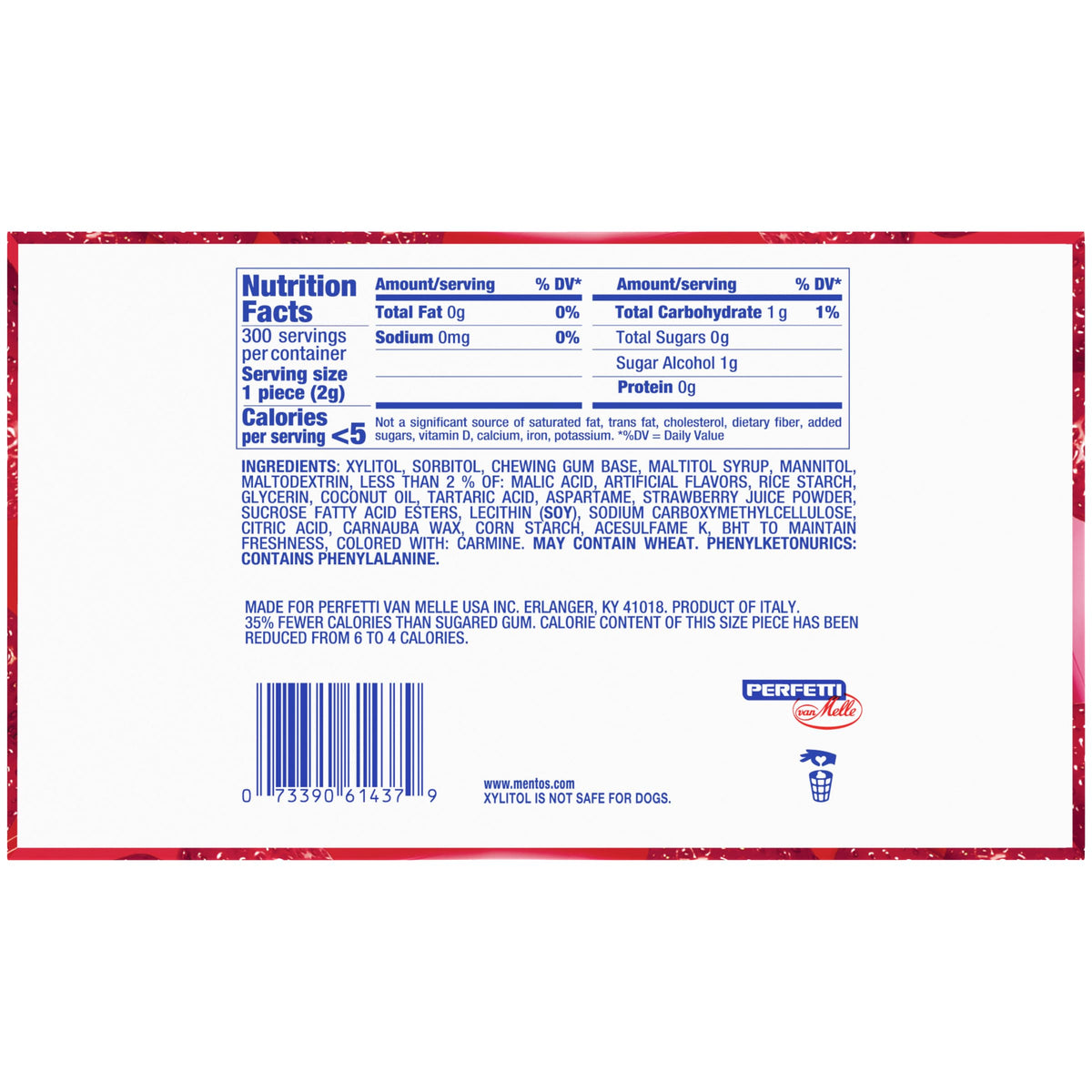 MENTOS Pure Fresh Strawberry Sugar-Free Gum with Xylitol — 6 x 50-Count Bottles (300 Pieces)