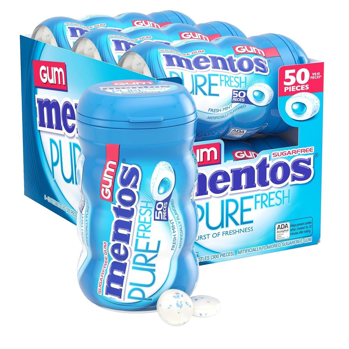 Mentos Pure Fresh Sugar-Free Gum with Xylitol, Fresh Mint — 6 Pack (50 Pieces Each)