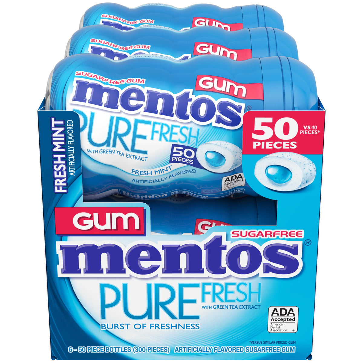 Mentos Pure Fresh Sugar-Free Gum with Xylitol, Fresh Mint — 6 Pack (50 Pieces Each)