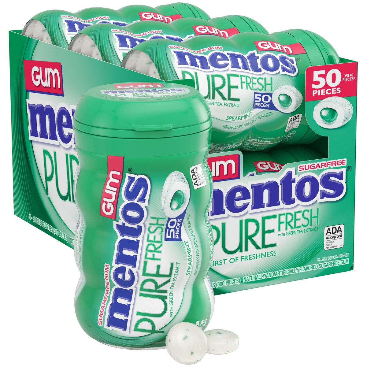 MENTOS Pure Fresh Sugar Free Gum – Spearmint, 6 x 50-Count Bottles (300 Pieces)