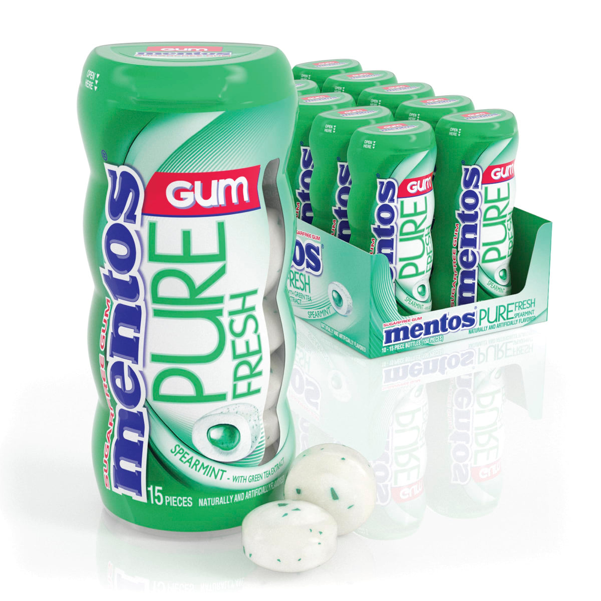 Mentos Pure Fresh Sugar-Free Gum with Xylitol – Spearmint, 15-Piece Bottle (Bulk Pack of 10)