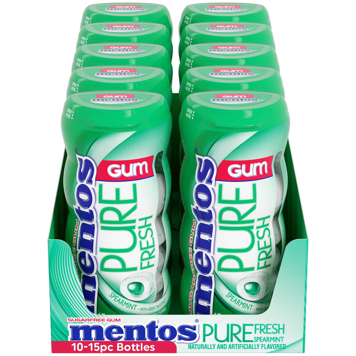 Mentos Pure Fresh Sugar-Free Gum with Xylitol – Spearmint, 15-Piece Bottle (Bulk Pack of 10)