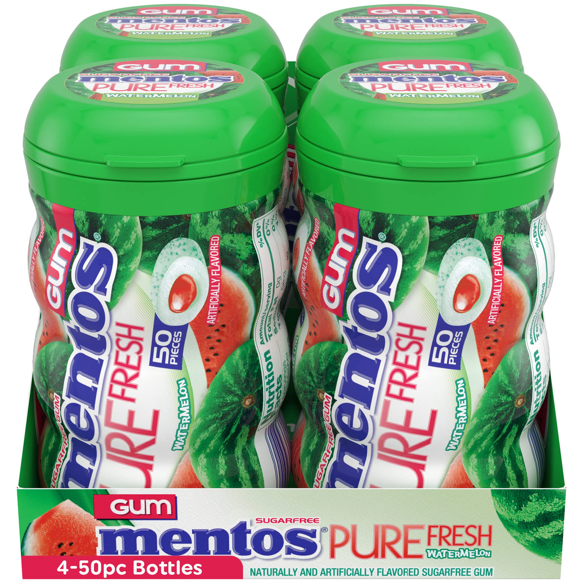 Mentos Pure Fresh Watermelon SugarFree Gum with Xylitol - 50pc Bottle x4 (Pack of 4)