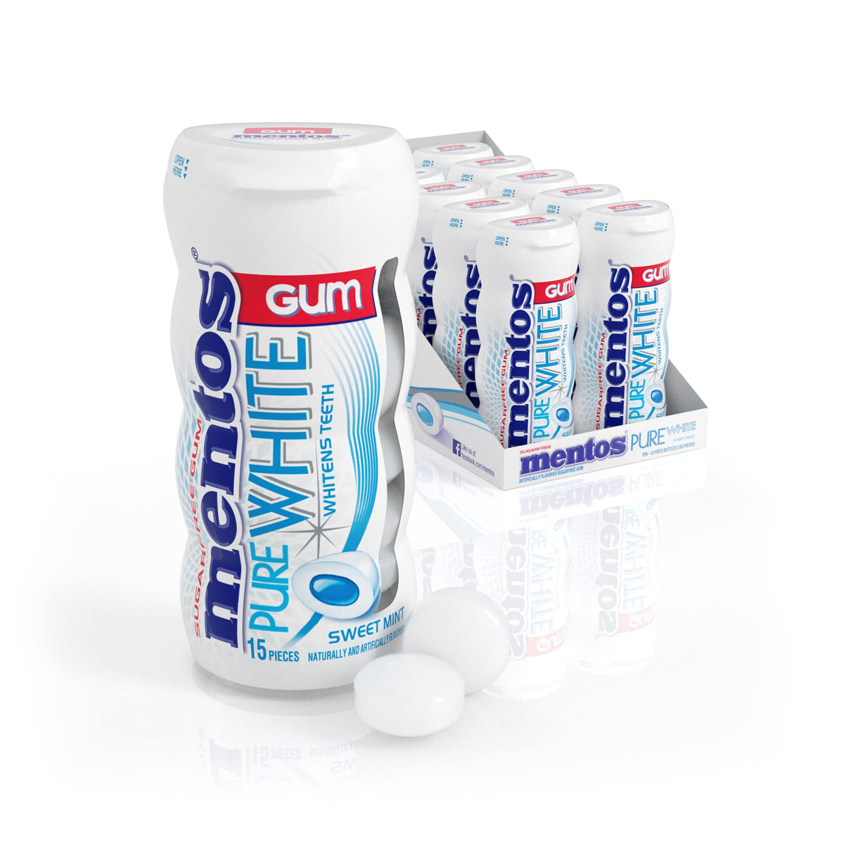 MENTOS Pure White Sugar-Free Gum with Xylitol – Sweet Mint, 15-Piece Bottle (Bulk Pack of 10)