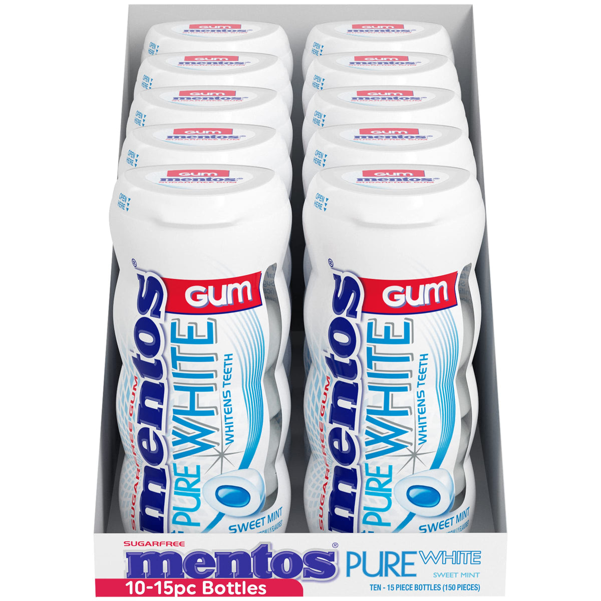 MENTOS Pure White Sugar-Free Gum with Xylitol – Sweet Mint, 15-Piece Bottle (Bulk Pack of 10)