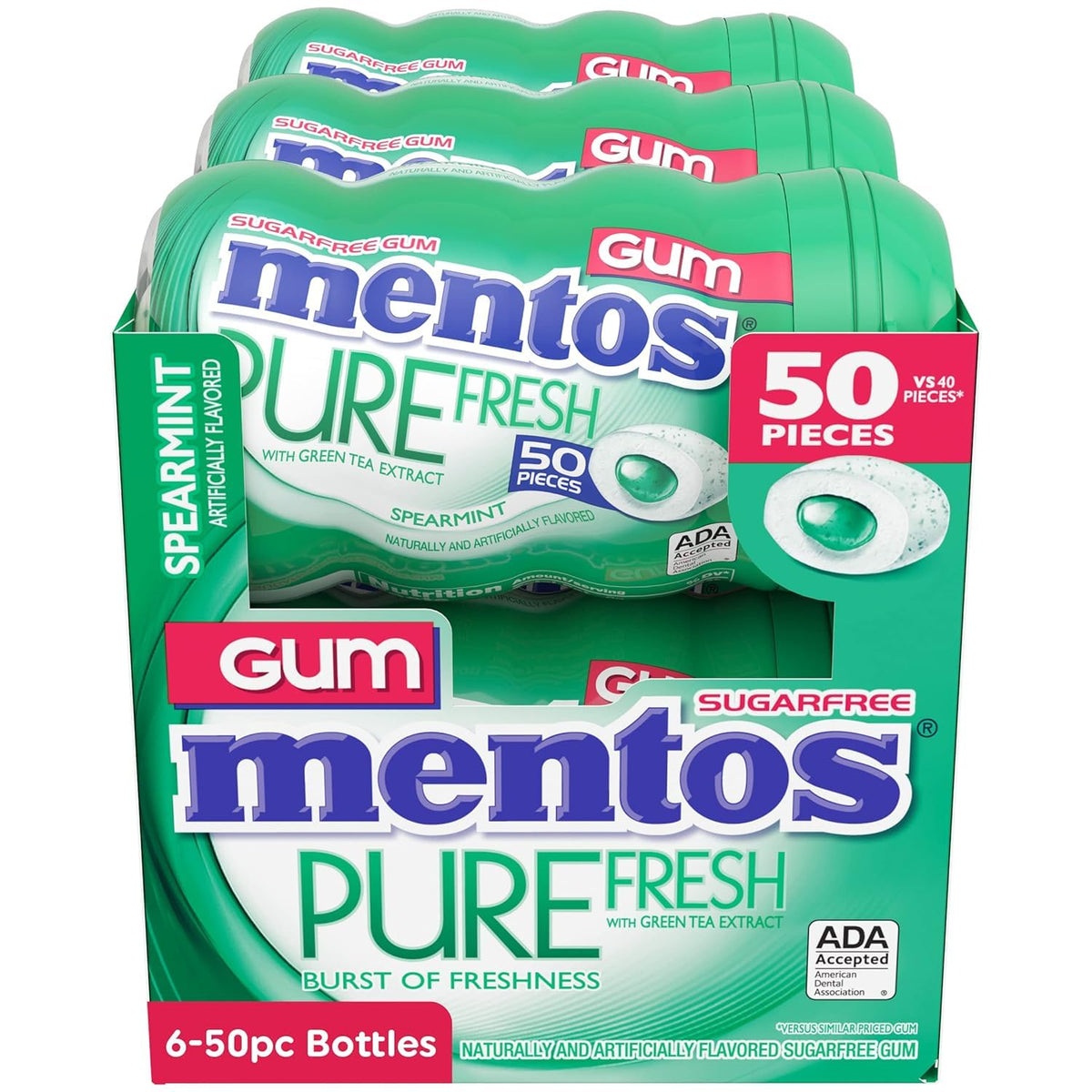 MENTOS Pure Fresh Sugar Free Gum – Spearmint, 6 x 50-Count Bottles (300 Pieces)