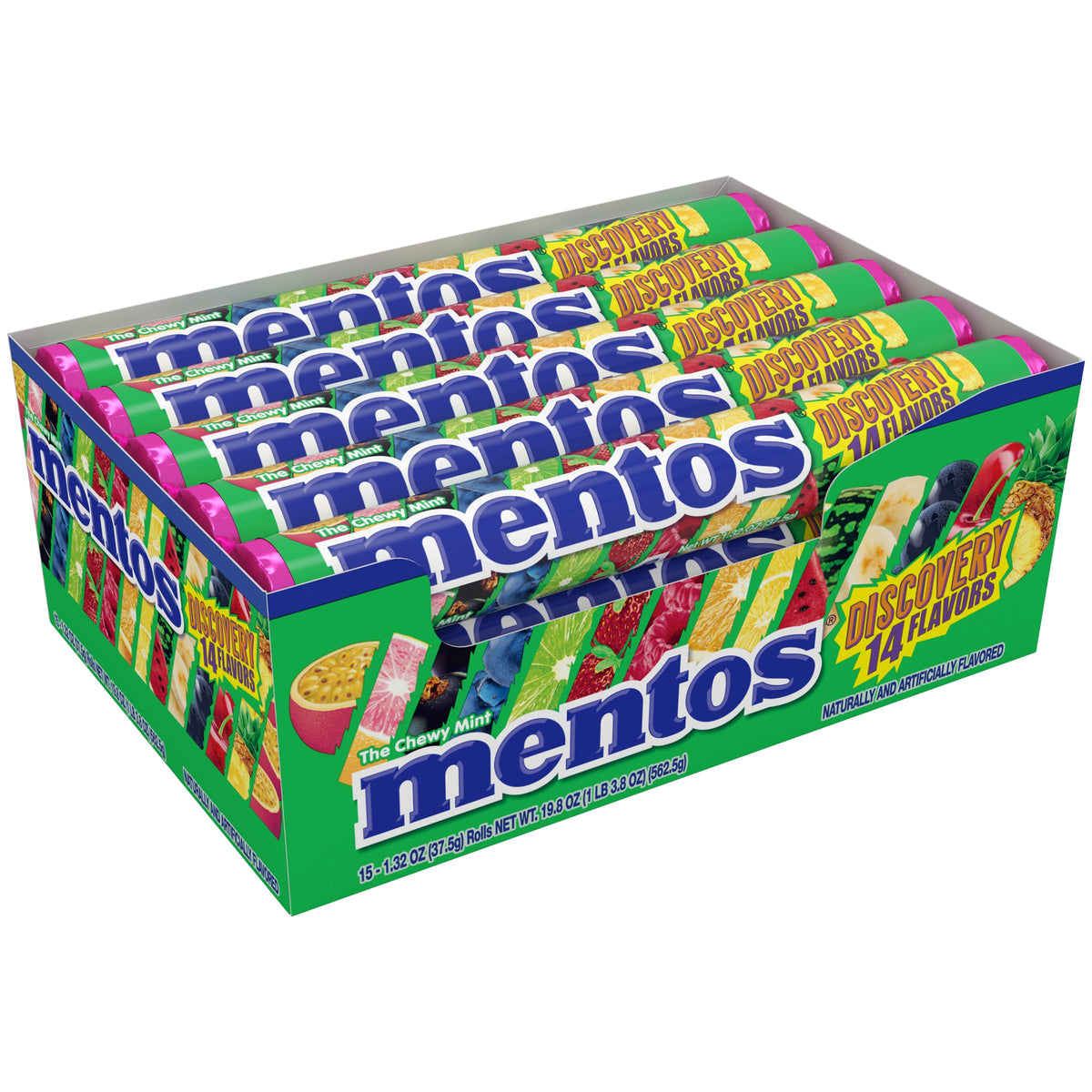 Mentos Chewy Mint Candy Roll – Discovery 14 Assorted Fruit Flavors, 14 Pieces per Roll, 15-Count Showbox
