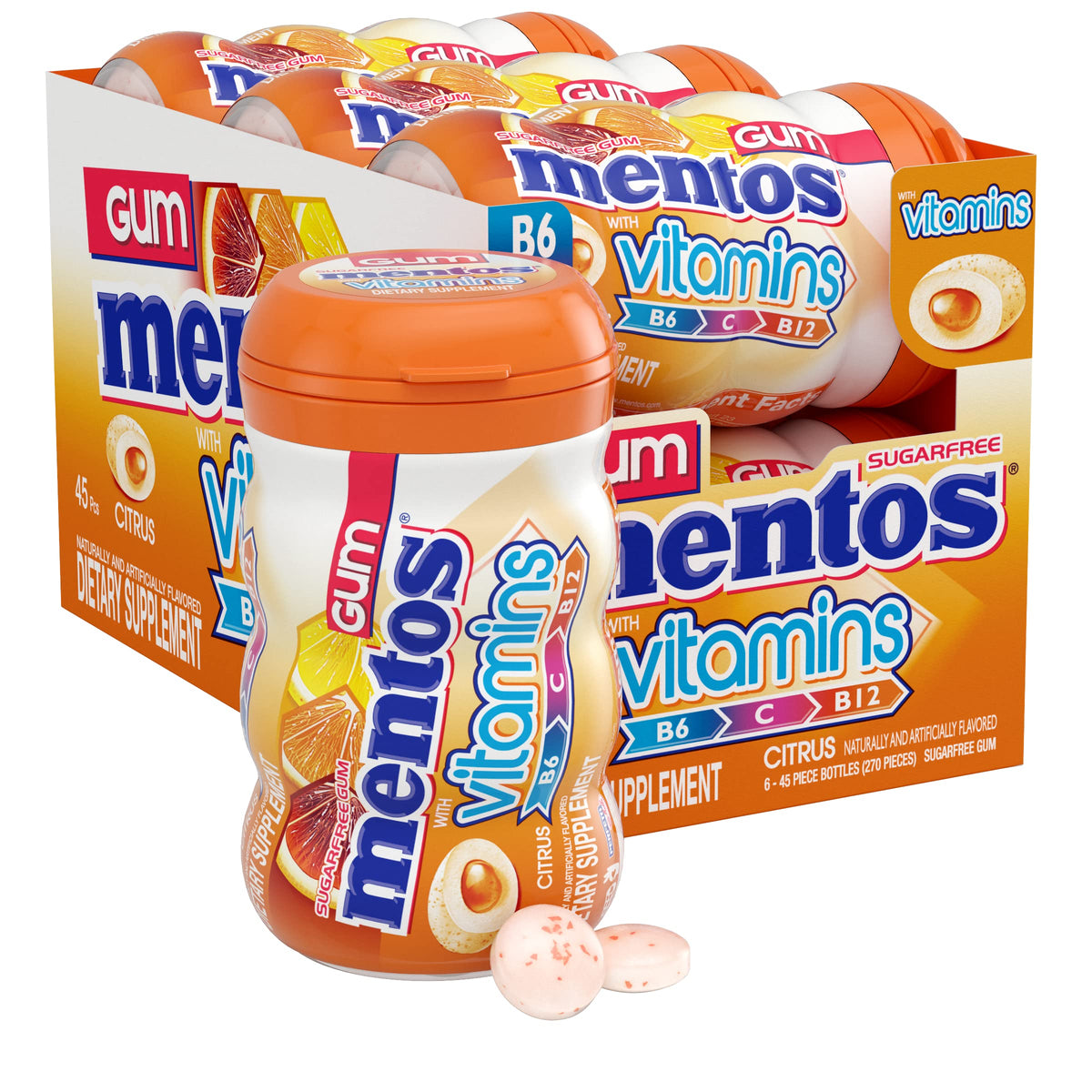 Mentos Vitamins Gum Citrus – Sugar Free with Vitamins B6/B12/C, 6 x 45-Count Bottles