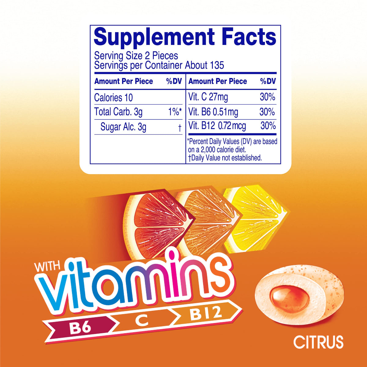 Mentos Vitamins Gum Citrus – Sugar Free with Vitamins B6/B12/C, 6 x 45-Count Bottles