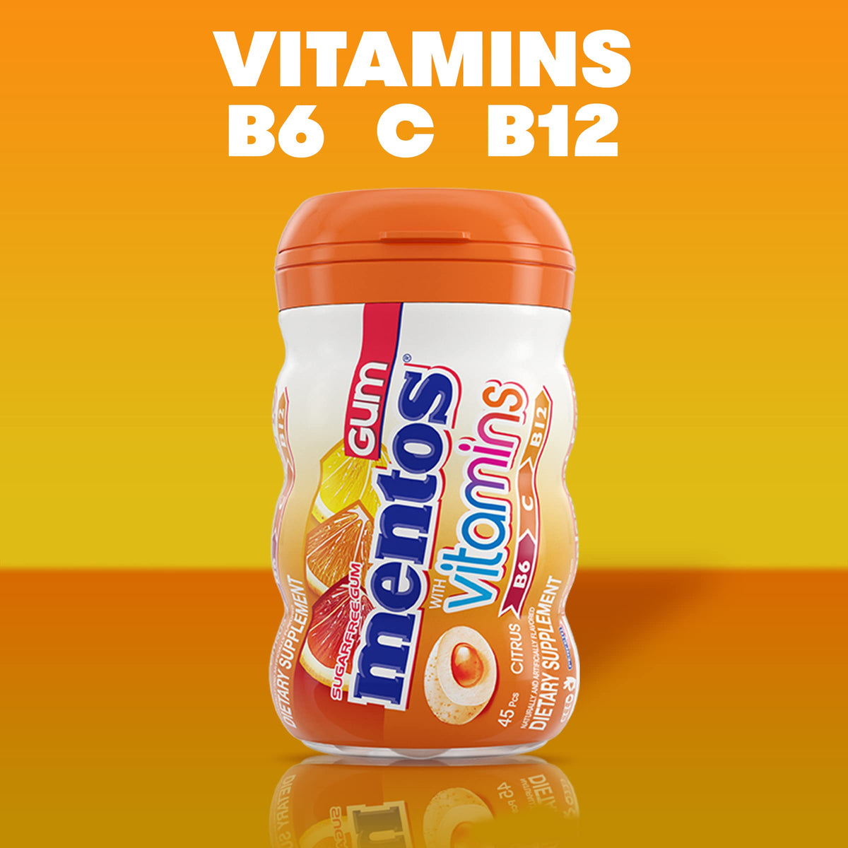 Mentos Vitamins Gum Citrus – Sugar Free with Vitamins B6/B12/C, 6 x 45-Count Bottles