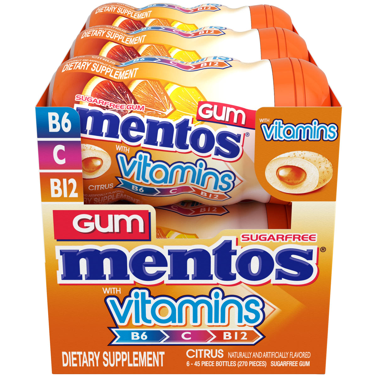 Mentos Vitamins Gum Citrus – Sugar Free with Vitamins B6/B12/C, 6 x 45-Count Bottles