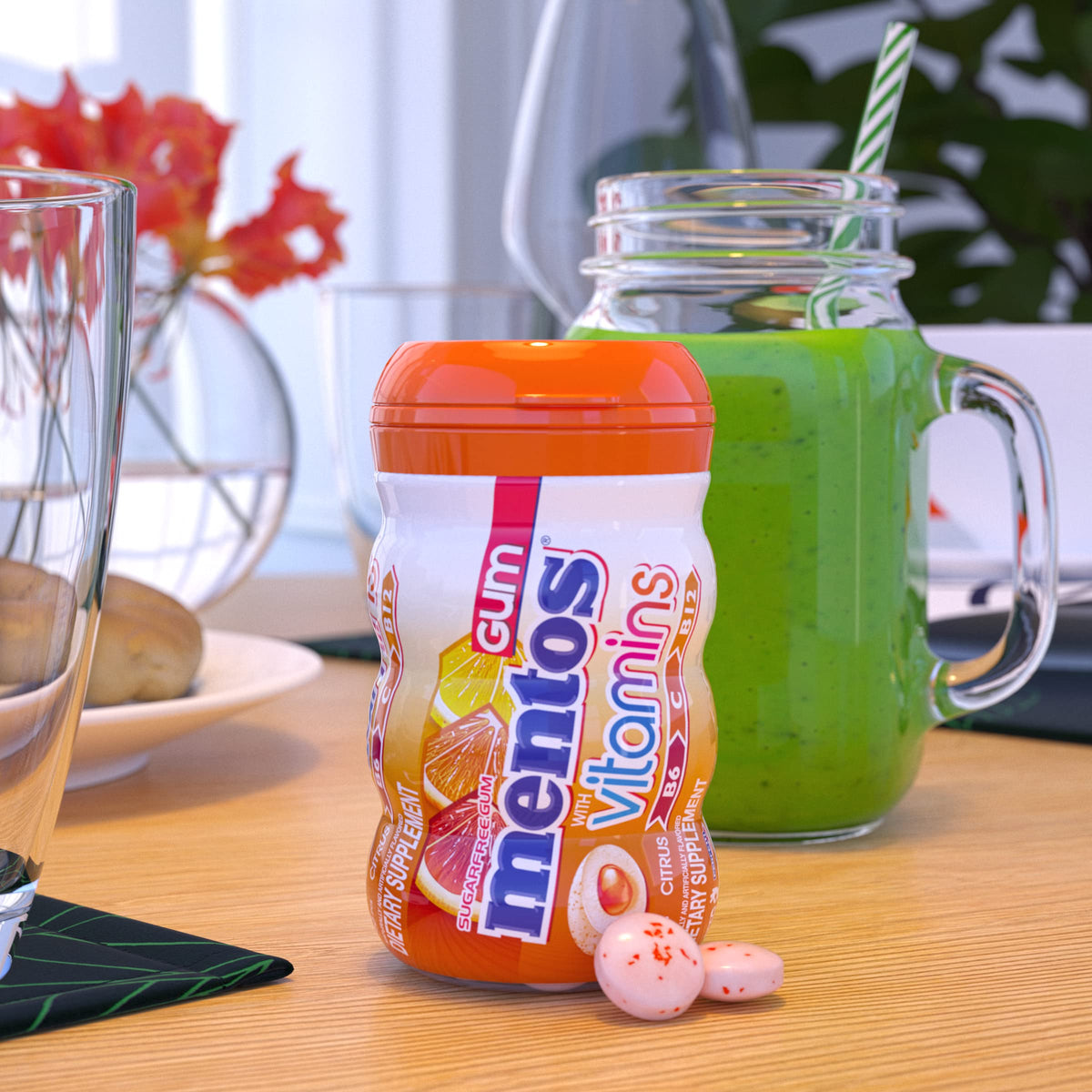 Mentos Vitamins Gum Citrus – Sugar Free with Vitamins B6/B12/C, 6 x 45-Count Bottles