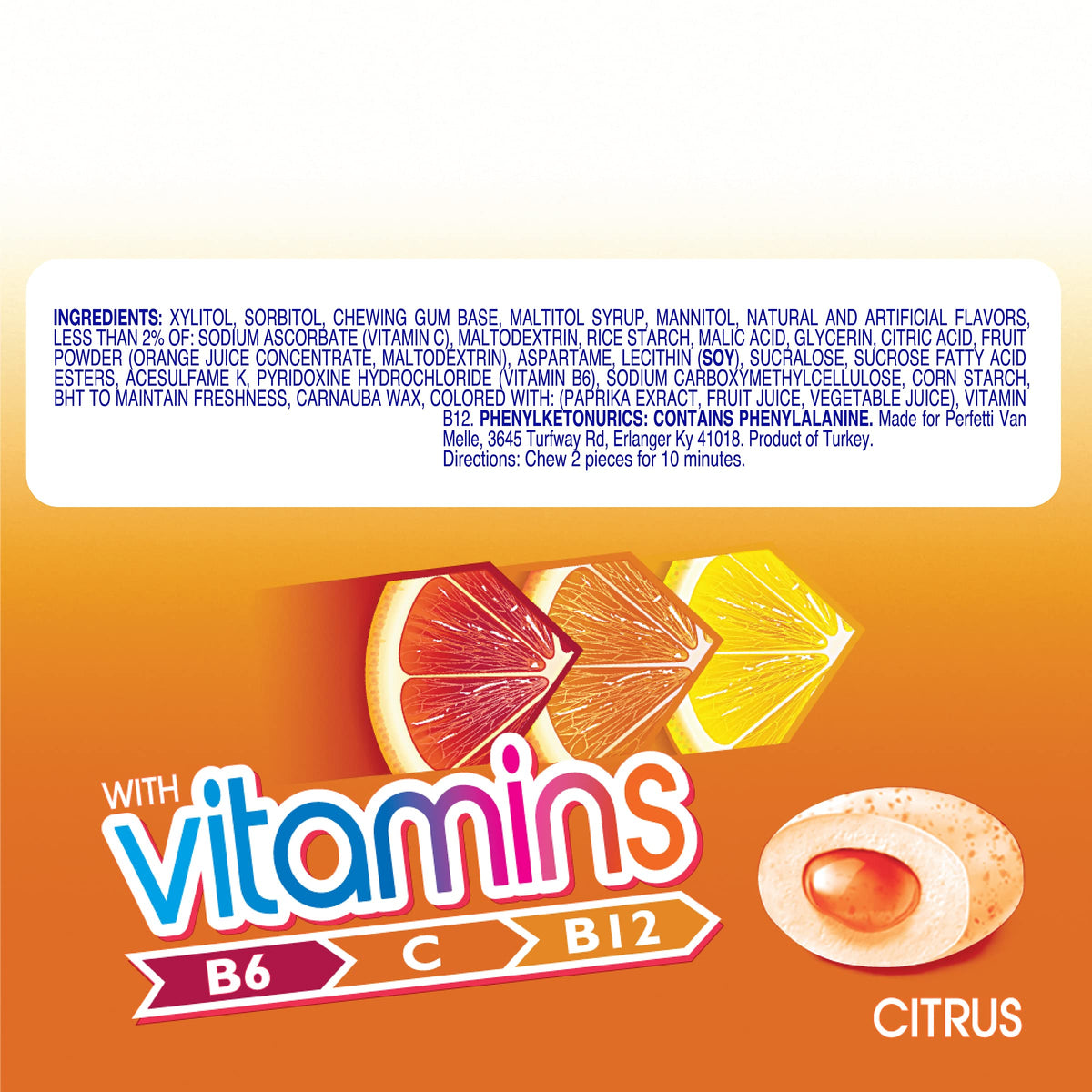Mentos Vitamins Gum Citrus – Sugar Free with Vitamins B6/B12/C, 6 x 45-Count Bottles
