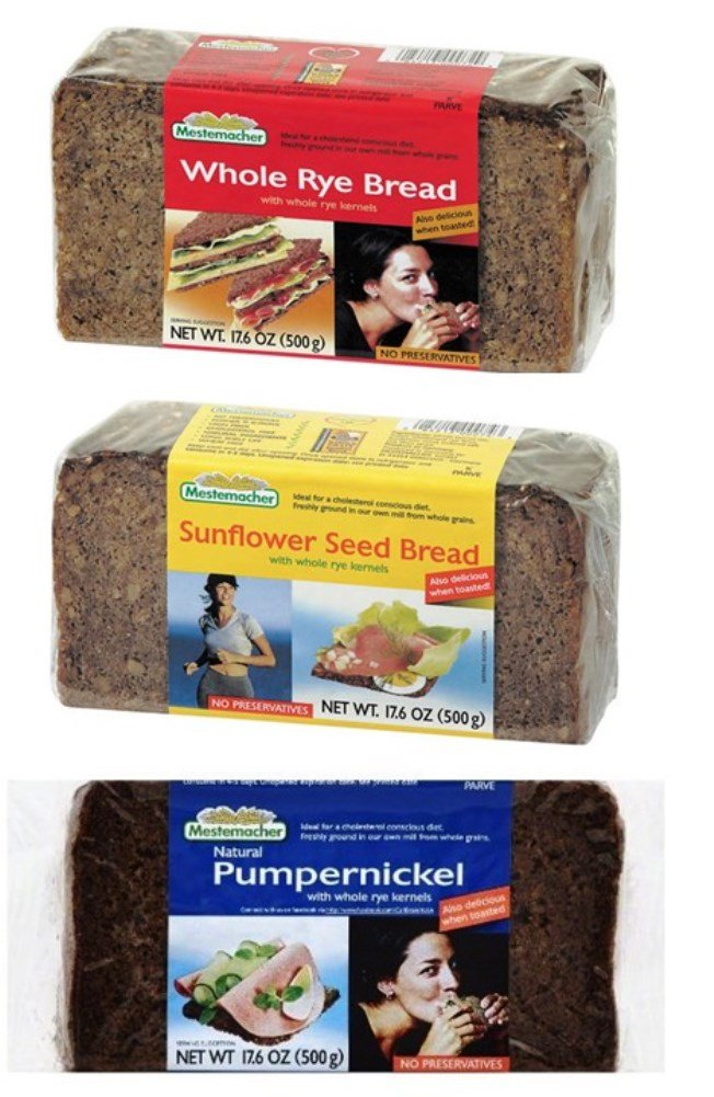 Mestemacher Natural High Fiber Bread – 3 Flavor Variety Bundle (Whole Rye, Pumpernickel, Sunflower Seed) 17.6 oz each