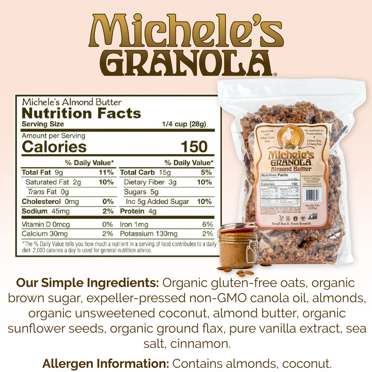 Michele’s Granola Almond Butter – Handmade, Vegan, Gluten-Free & Non-GMO, 36oz Resealable Bag