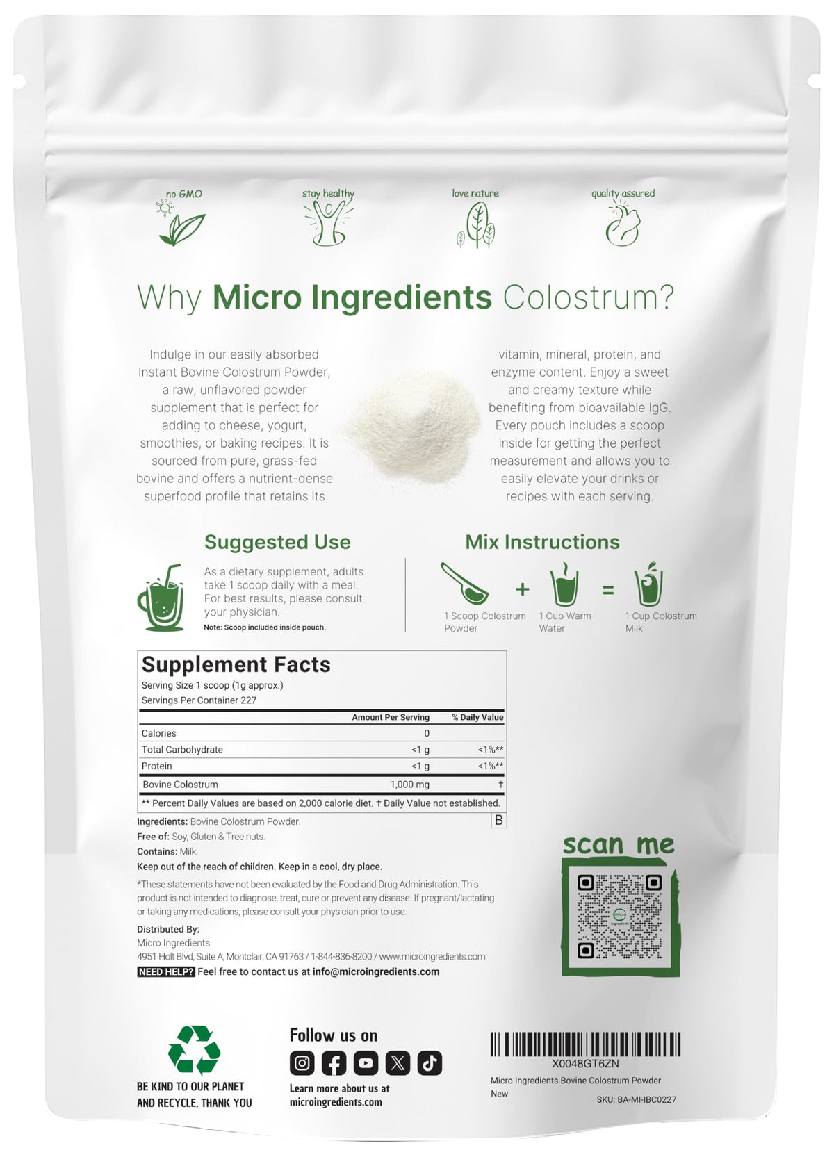 Micro Ingredients Bovine Colostrum Powder, 8 oz | Grass-Fed & Freeze-Dried | IgG & IgA
