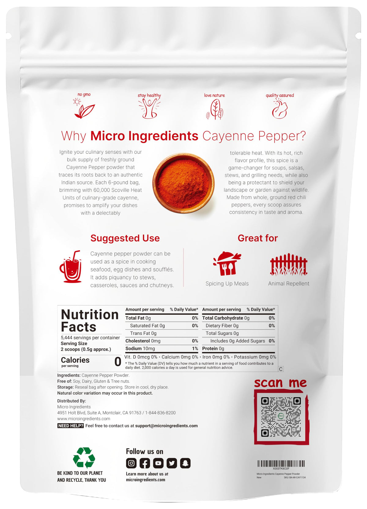 Micro Ingredients Ground Cayenne Pepper Powder, 6lbs – Bulk, Additive-Free, 60,000 SHU