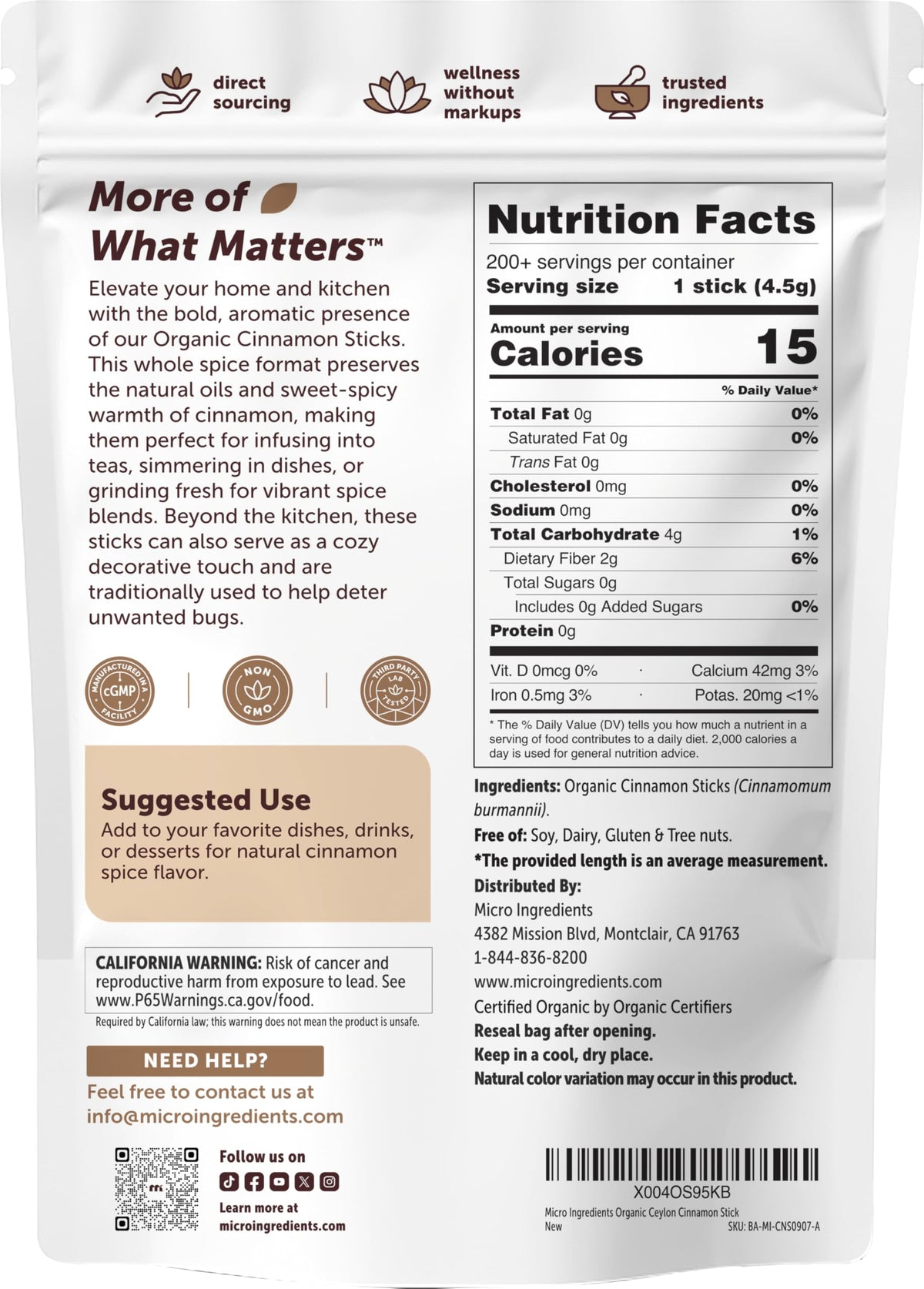 Micro Ingredients Organic Cinnamon Sticks Bulk 2lb – Whole, Non-GMO & Vegan