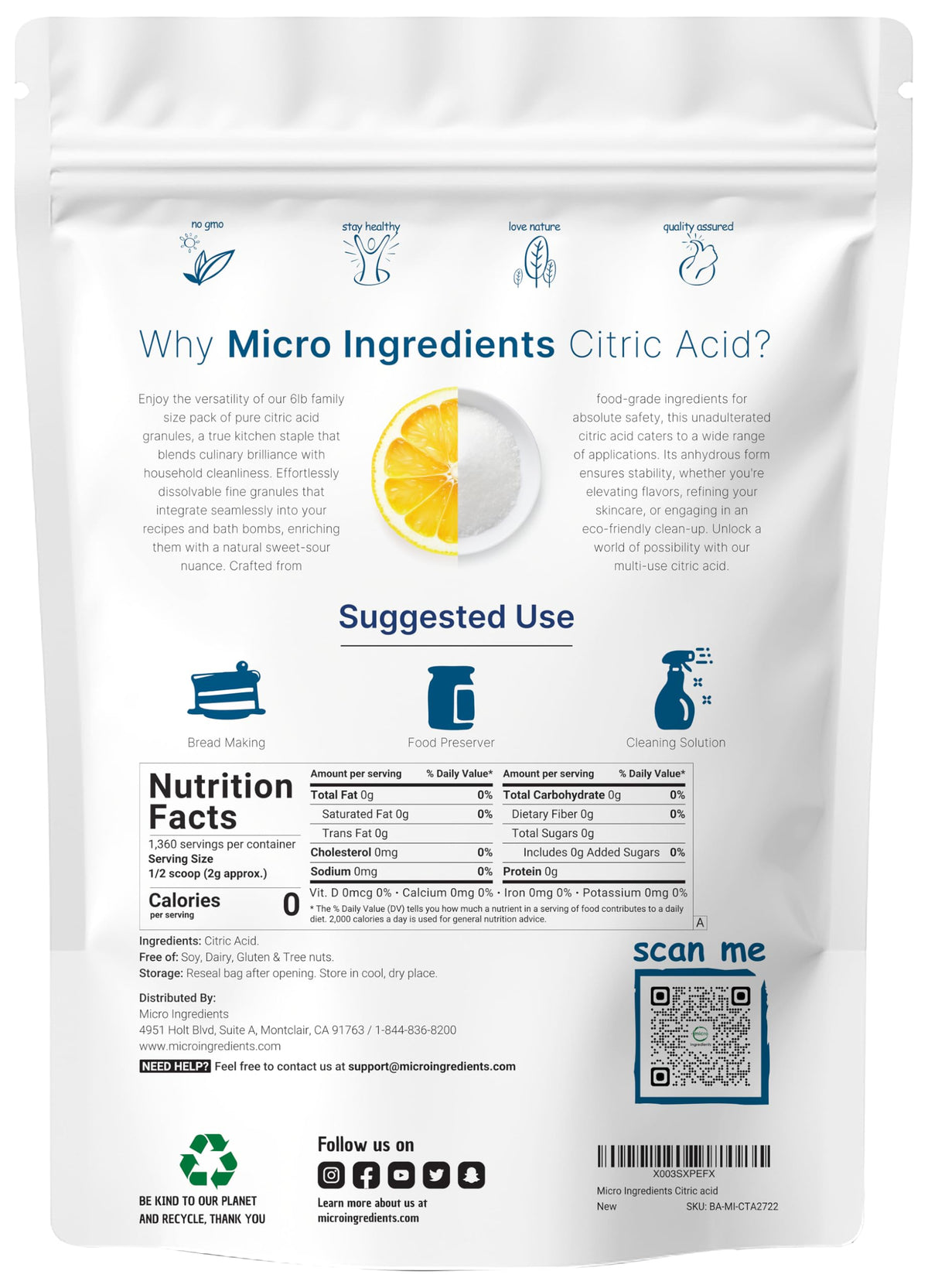 Micro Ingredients Citric Acid 6 lb – Food Grade, Anhydrous, Multi-Use