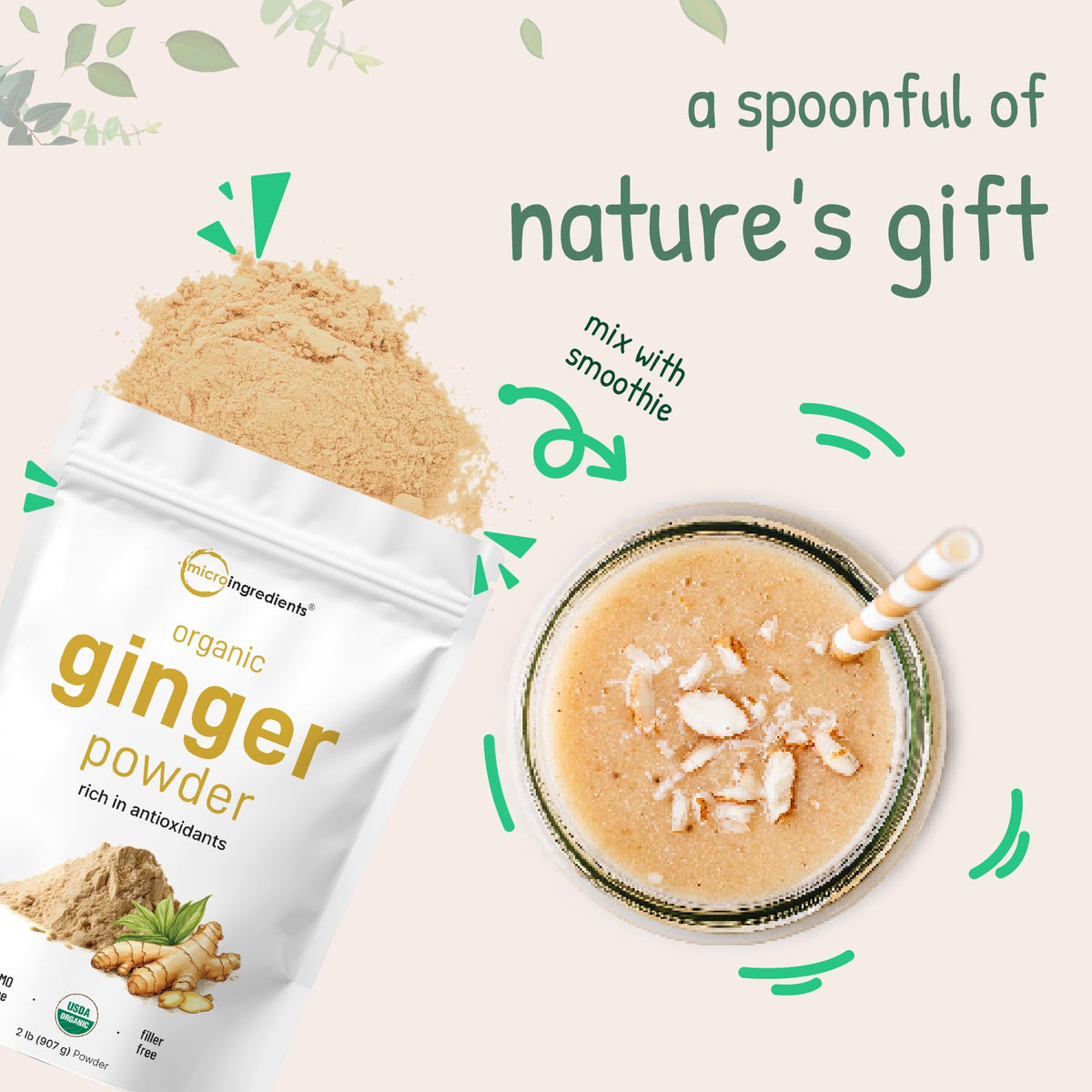 Organic Ginger Powder 2lbs (32oz) | Micro Ingredients | Additive-Free, Non-GMO Bulk Ginger for Baking, Cooking & Tea