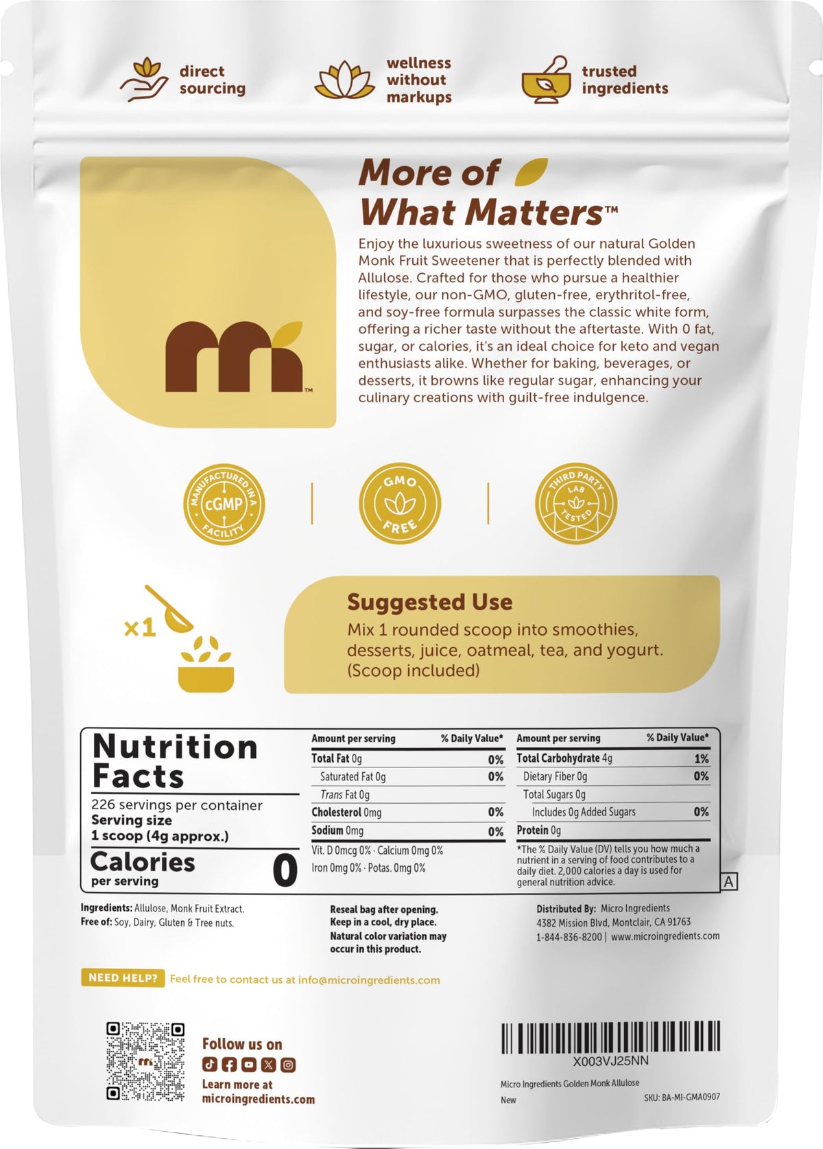 Micro Ingredients Golden Monk Fruit Sweetener with Allulose, 2 lbs – 1:1 Brown Sugar Substitute (Keto, Vegan, Non-GMO)