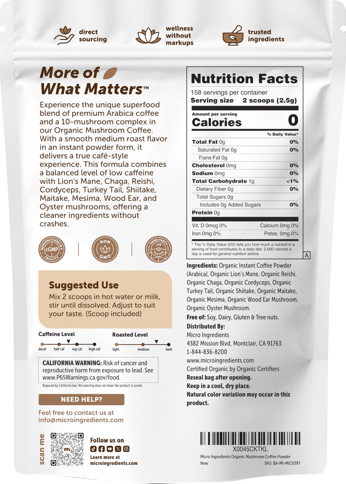 Micro Ingredients Organic Instant Mushroom Coffee, 14 oz – Medium Roast Arabica with 10 Mushrooms (Lion’s Mane, Reishi) | Gluten/Dairy/Soy/Tree Nut Free