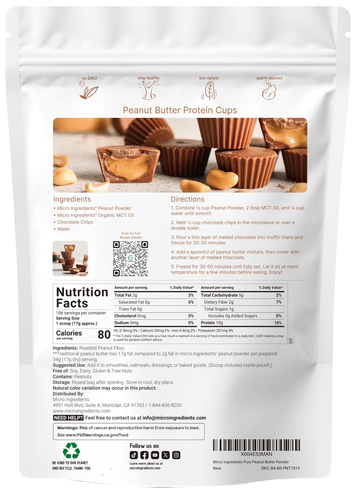 Pure PB Peanut Butter Powder 4lbs Bulk – 10g Protein, 88% Less Fat | Non-GMO | Micro Ingredients