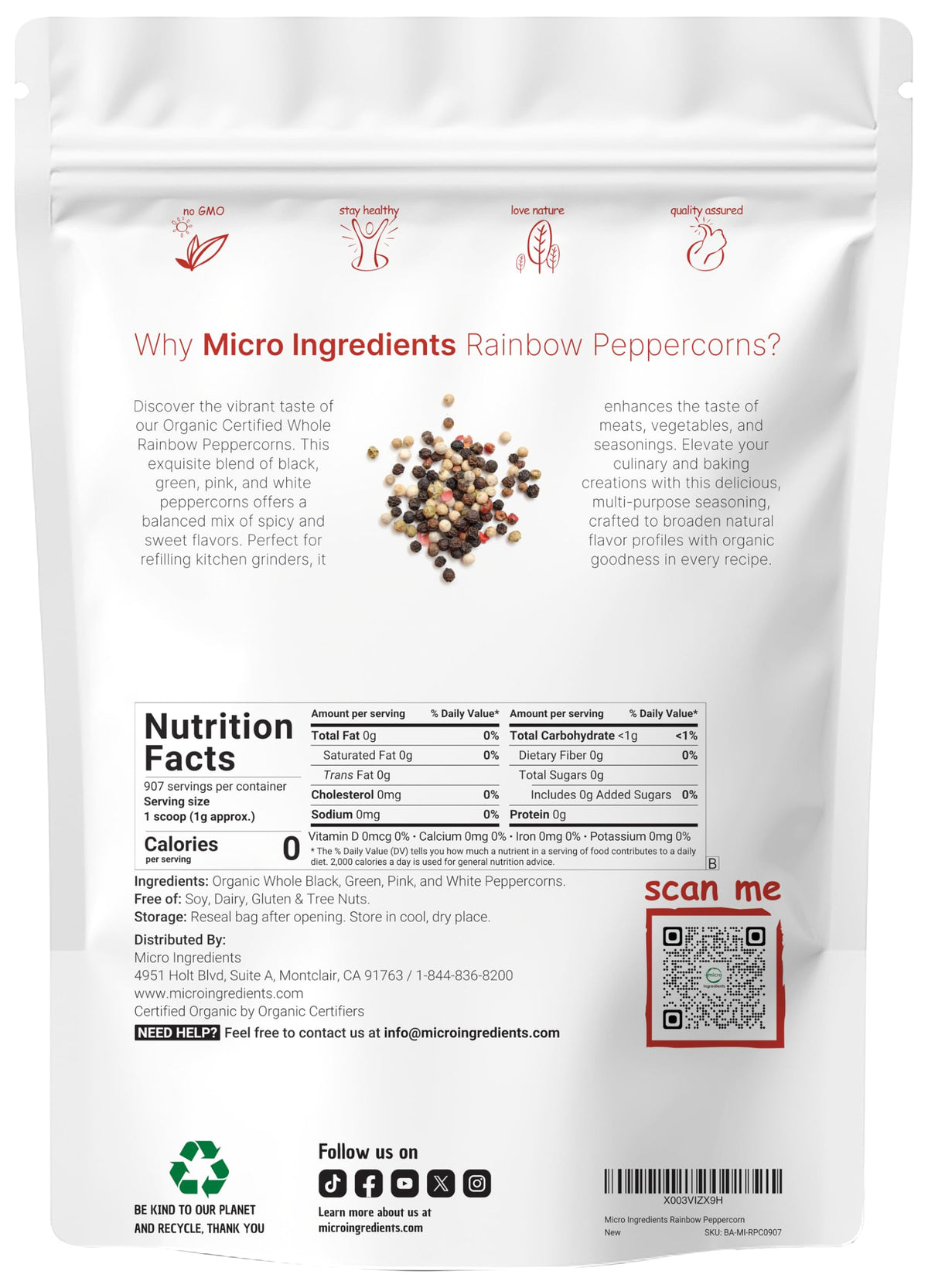 Micro Ingredients Organic Rainbow Peppercorns – 2lb Whole Peppercorns for Grinder Refills
