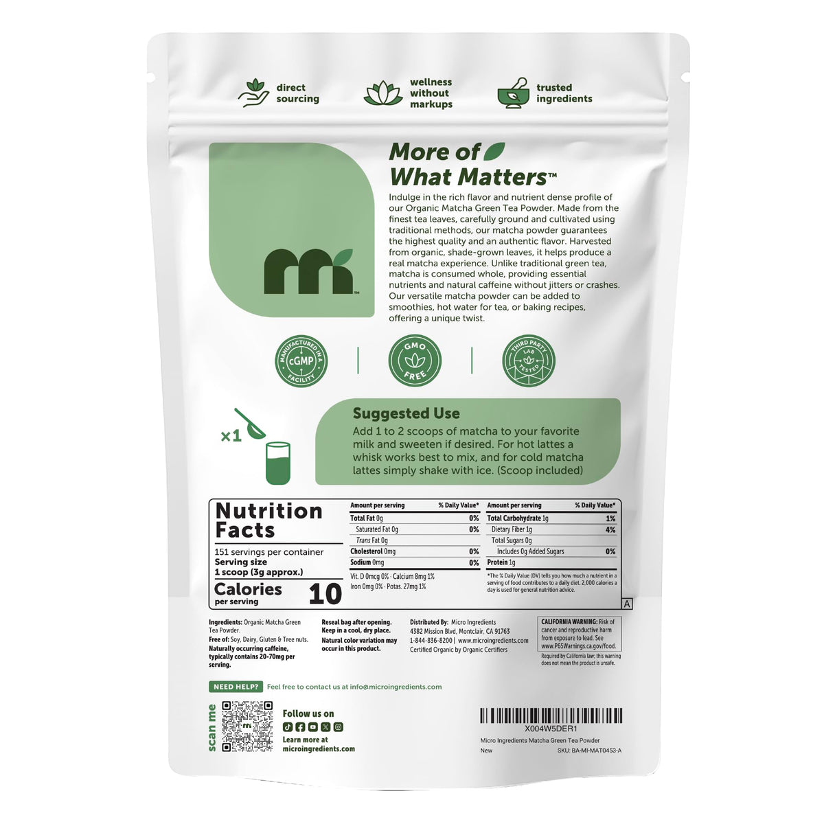Micro Ingredients Organic Matcha Green Tea Powder – First Harvest from Japan, Culinary Grade