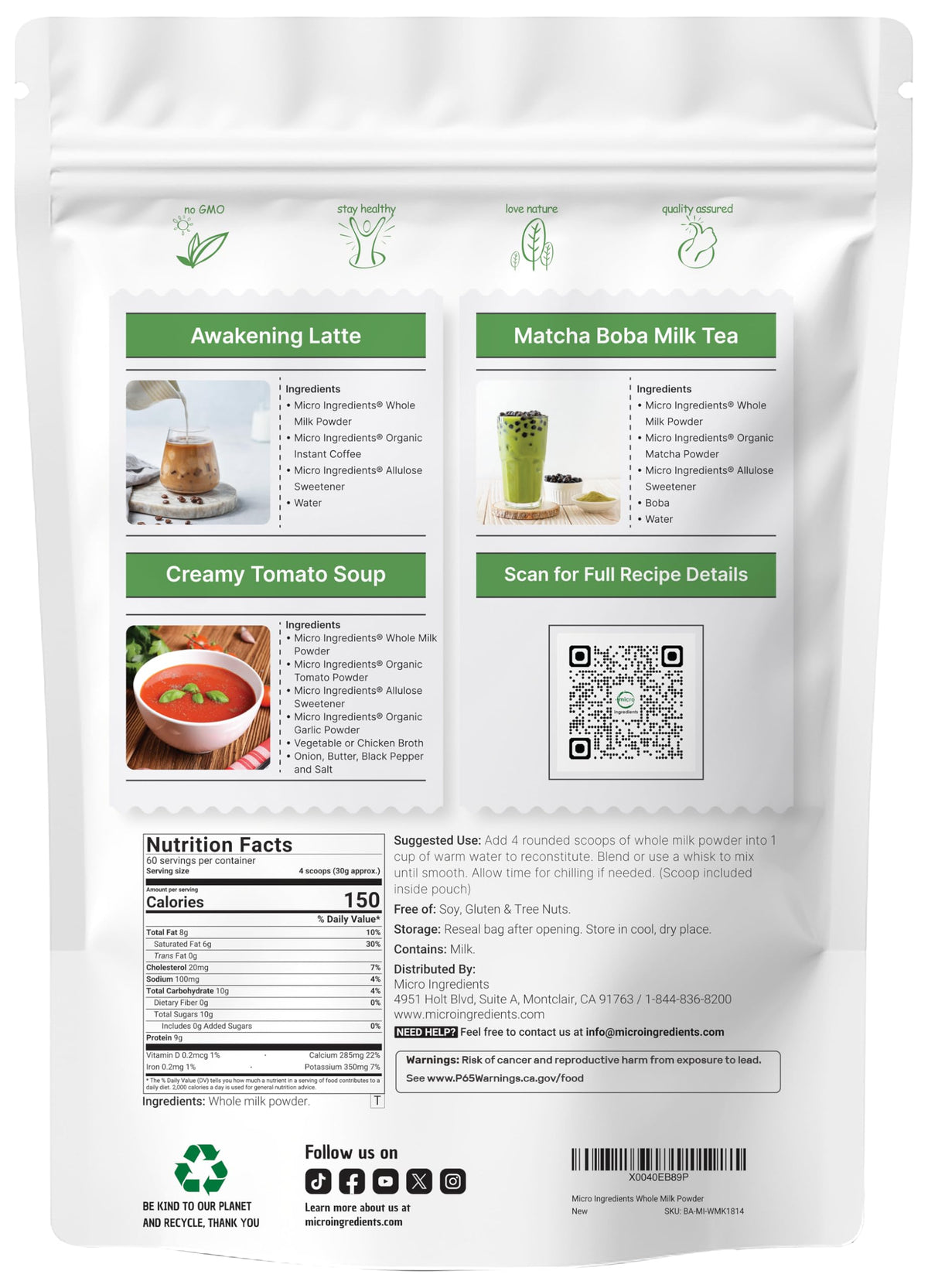 Micro Ingredients Whole Milk Powder, 4 lb | Pasture-Raised, rBST-Free, Non-GMO