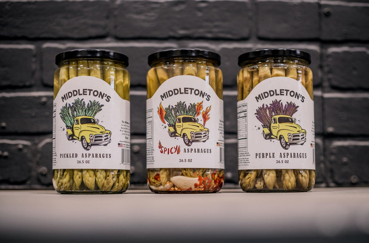 Middleton's Pickled Asparagus Variety Pack — Farm Direct Purple, Green & Spicy (3 x 26.5 oz jars)