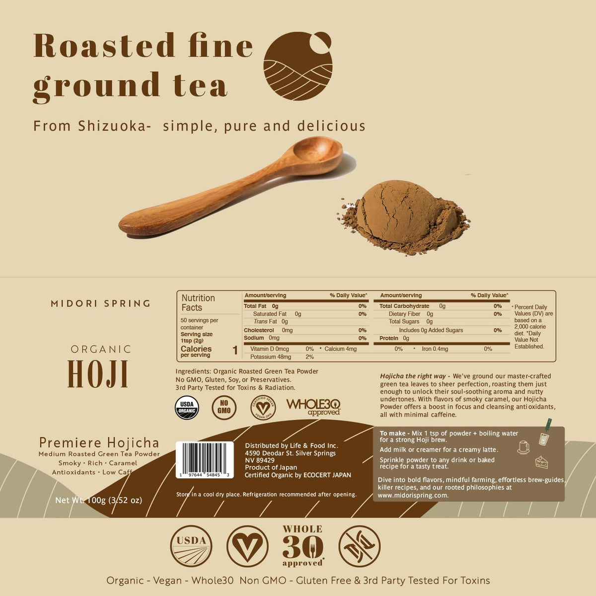 Midori Spring Organic Hojicha Powder – Smooth Roasted Green Tea, Low Caffeine, USDA Vegan NON-GMO