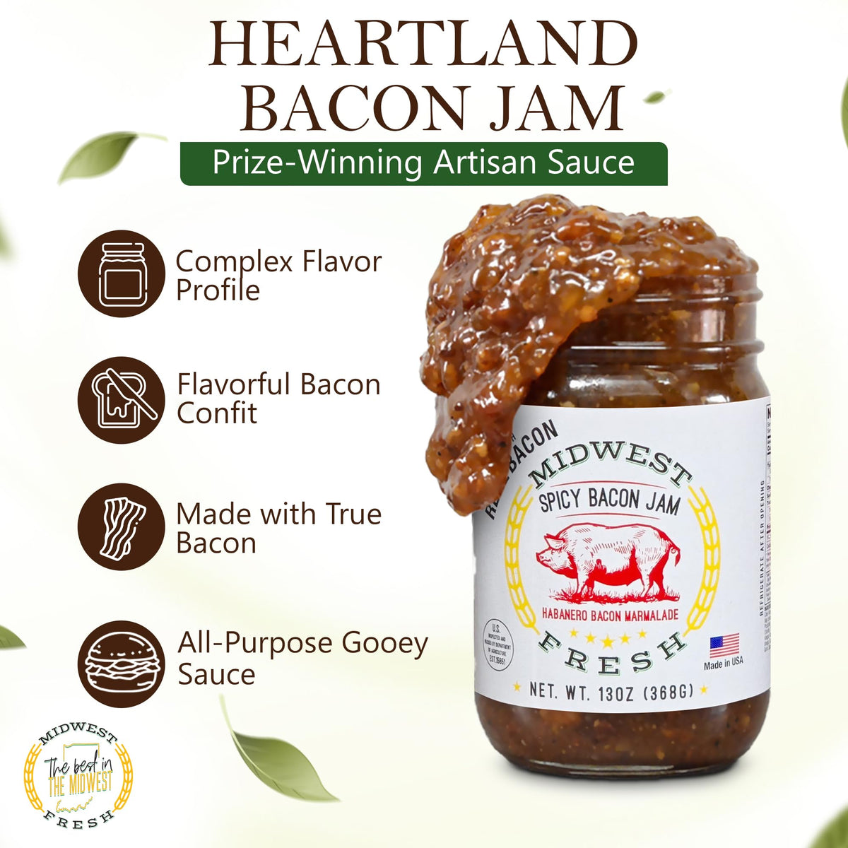 Midwest Fresh Spicy Bacon Jam – Gourmet Bacon Marmalade for Burgers, Sandwiches & Charcuterie | 2-Pack (2 × 13 oz)
