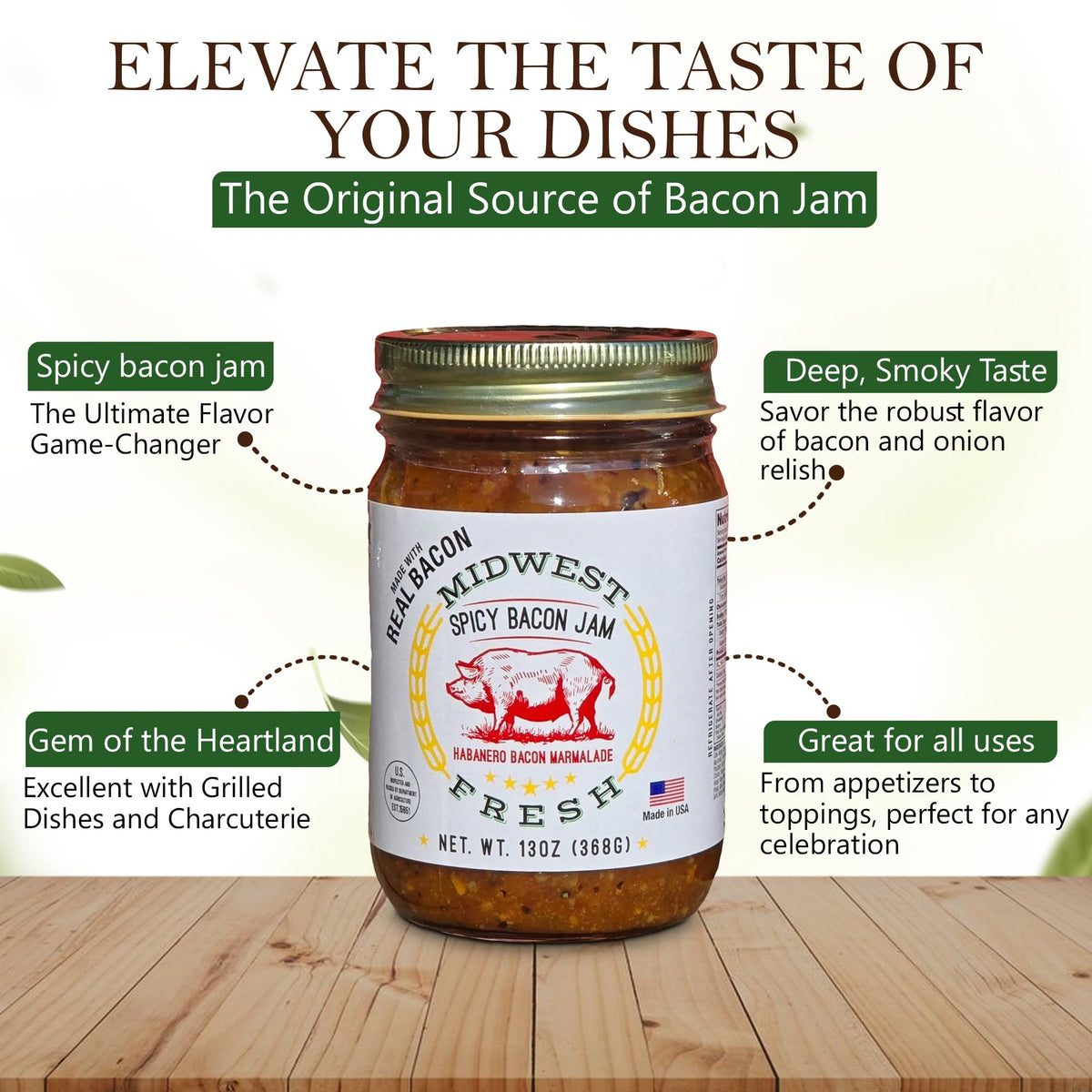 Midwest Fresh Spicy Bacon Jam – Gourmet Bacon Marmalade for Burgers, Sandwiches & Charcuterie | 2-Pack (2 × 13 oz)