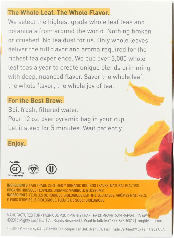 Mighty Leaf Organic African Nectar Rooibos Herbal Tea – 45 Count (3 Packs) | Caffeine-Free
