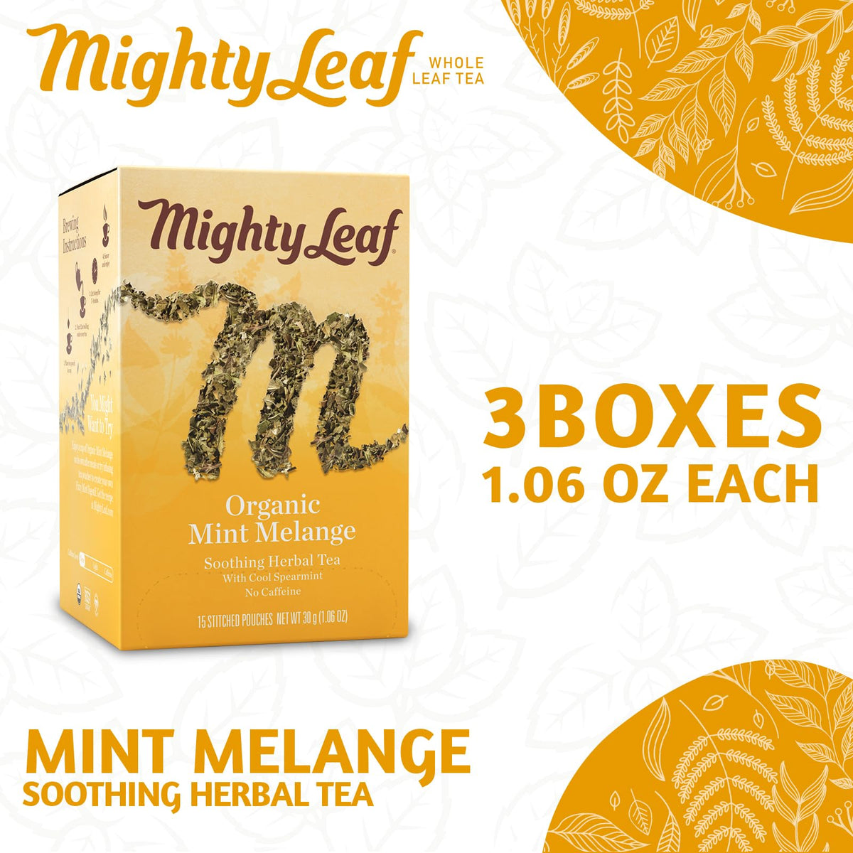 Mighty Leaf Organic Mint Melange Tea - 15-Count Pouches (Pack of 3)