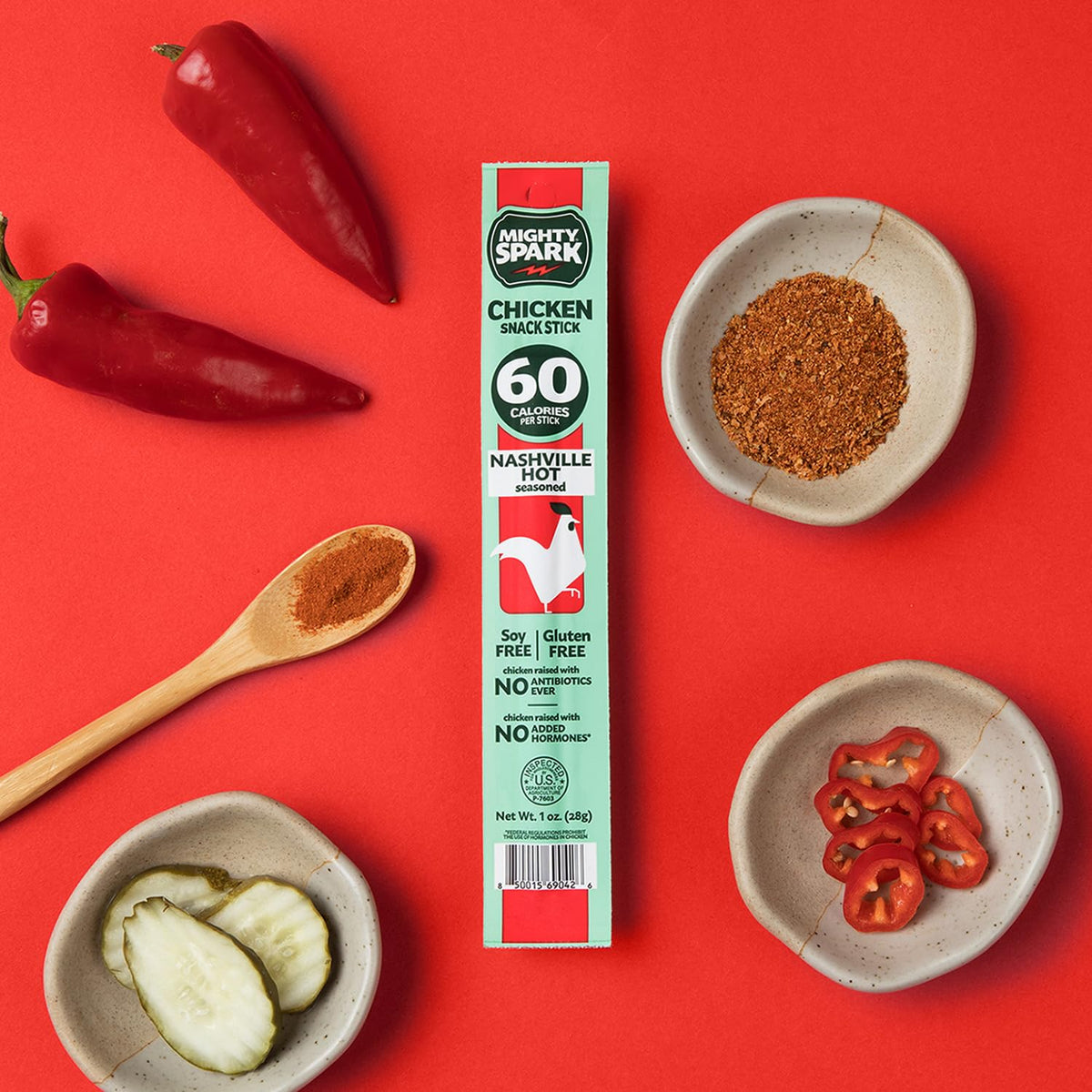 Mighty Spark Chicken Snack Sticks Nashville Hot – 6-7g Protein, Gluten Free, No Hormones, No Antibiotics, 12 Count