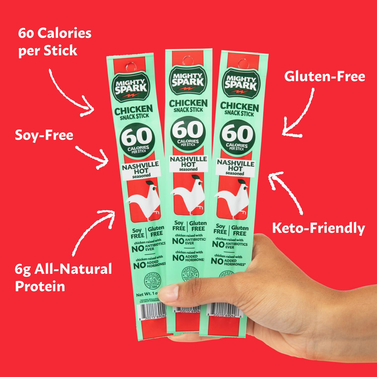 Mighty Spark Chicken Snack Sticks Nashville Hot – 6-7g Protein, Gluten Free, No Hormones, No Antibiotics, 12 Count