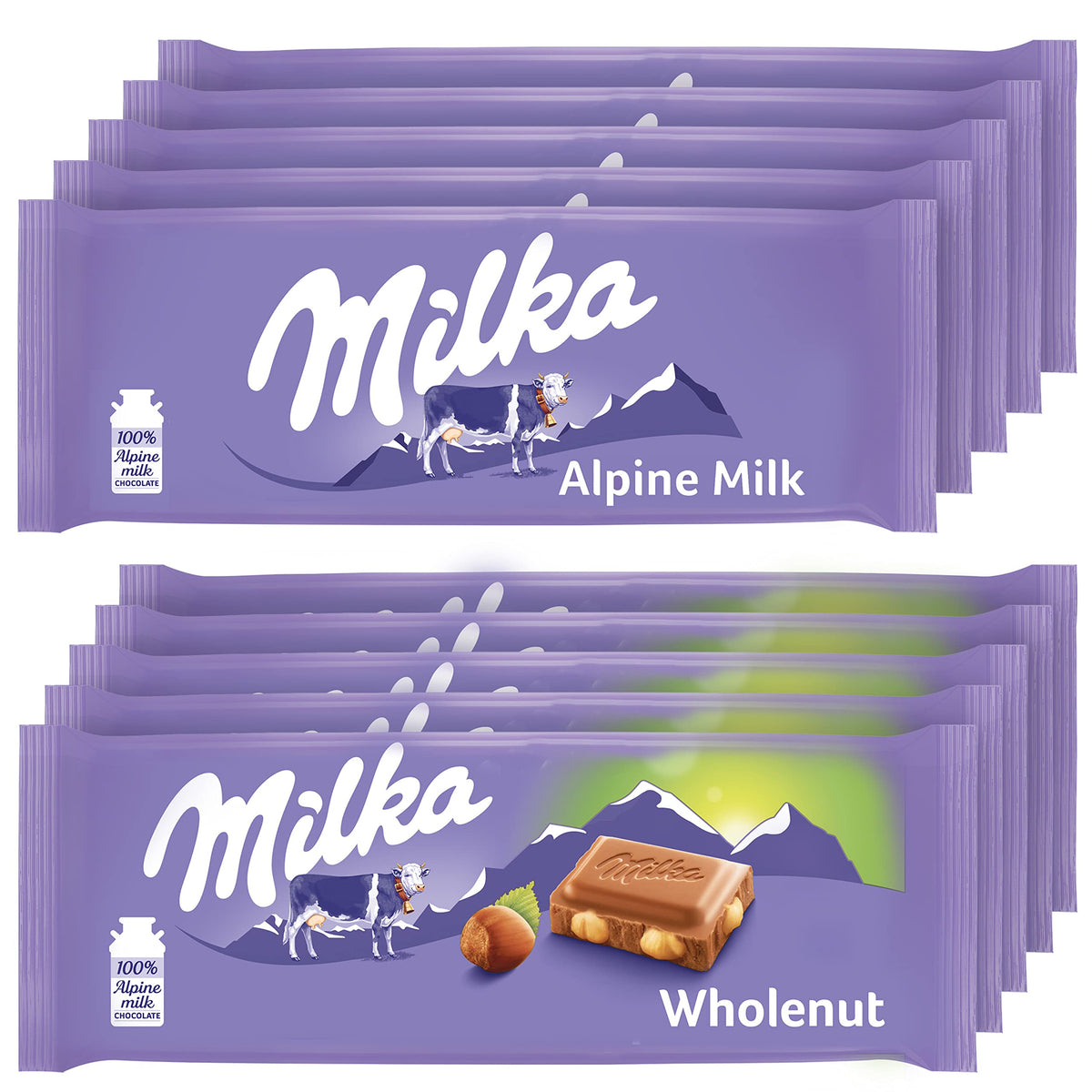 Milka Alpine Milk & Wholenut Hazelnut Chocolate Bars – 10 Bars, 3.52 oz Each