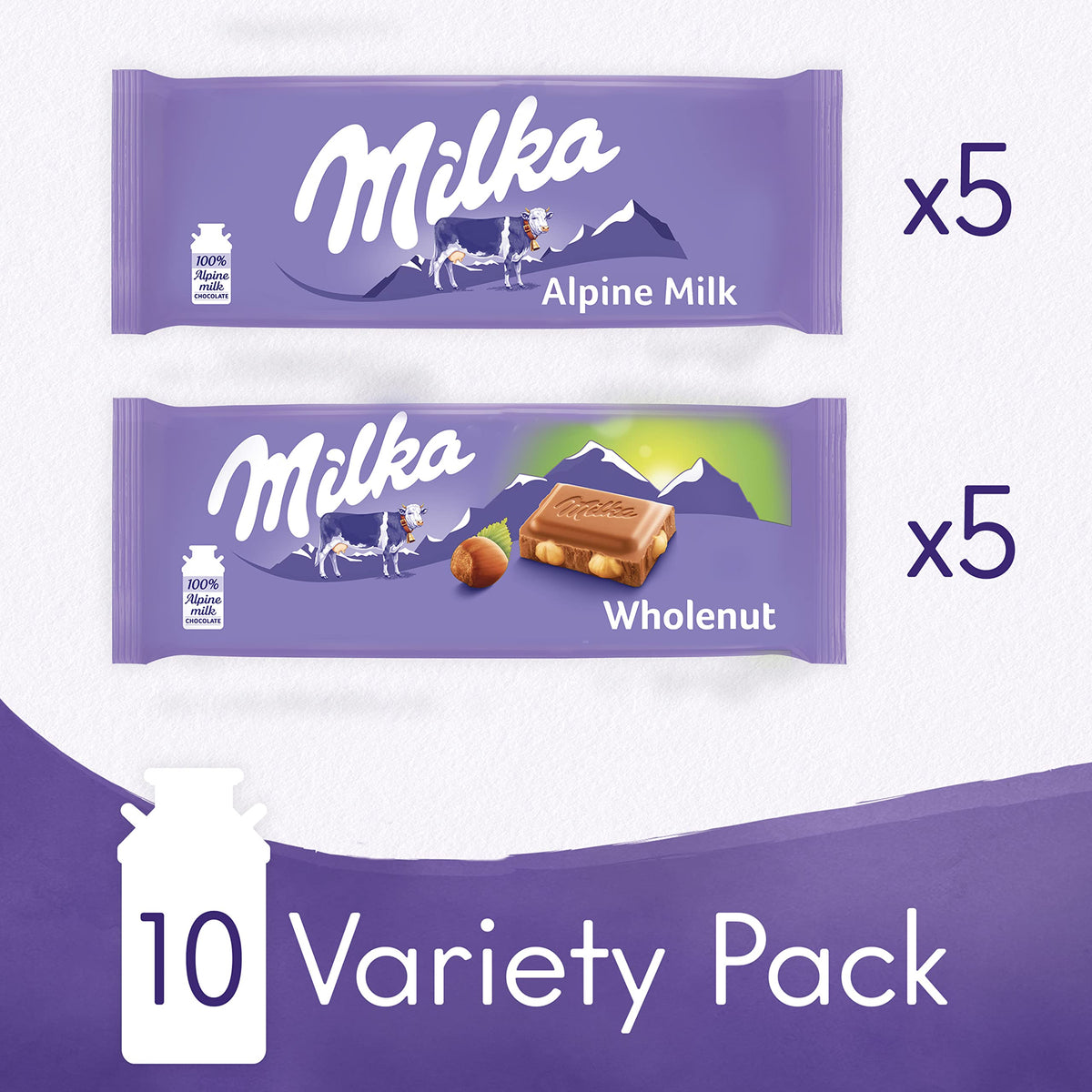 Milka Alpine Milk & Wholenut Hazelnut Chocolate Bars – 10 Bars, 3.52 oz Each