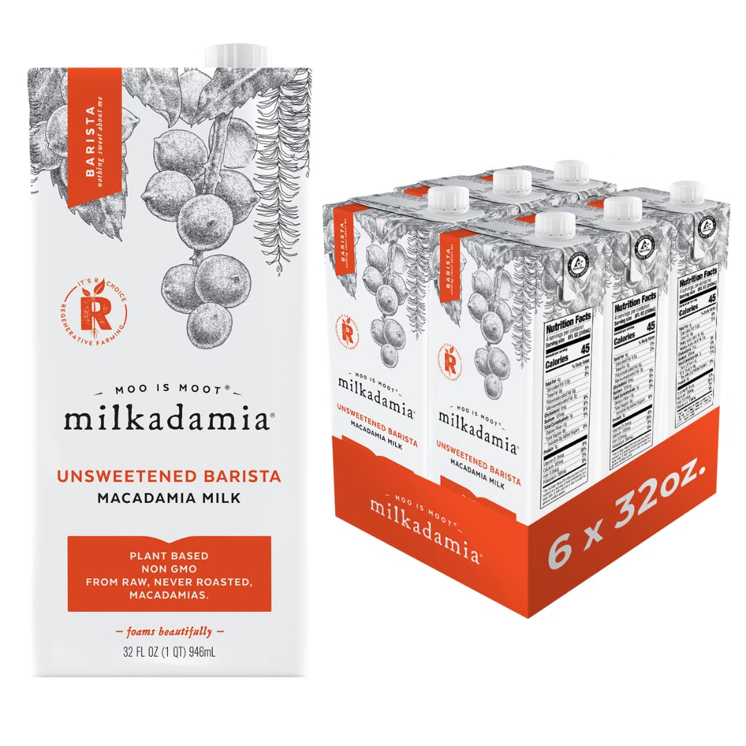Milkadamia Unsweetened Barista Macadamia Milk – 32 oz Pack of 6 | Plant-Based, Gluten Free & Non-GMO