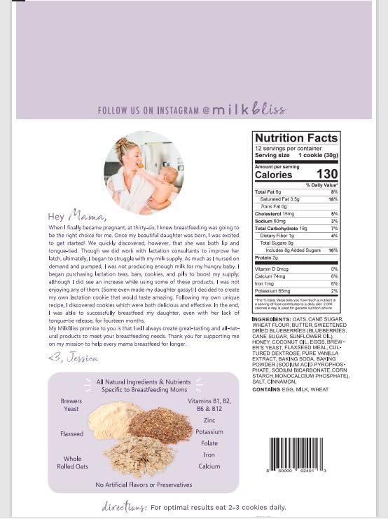 MilkBliss Wild Blueberry Soft Baked Oatmeal Cookies for Breastfeeding Support – 12 oz