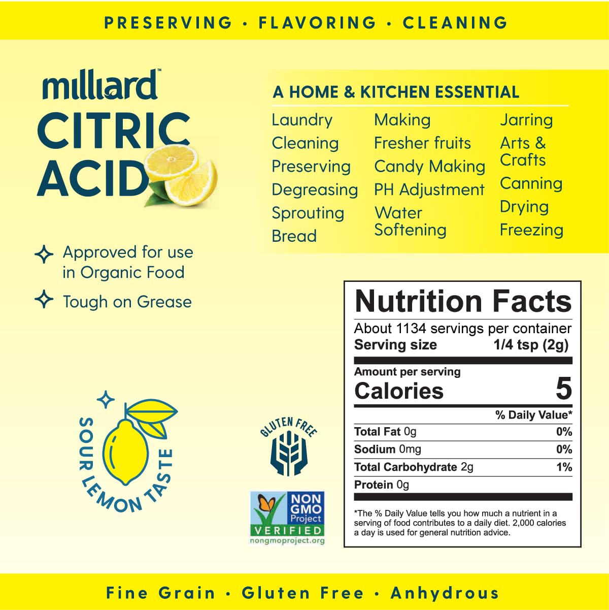 Milliard Citric Acid 5 Pound – Pure Food Grade, Non-GMO Project Verified
