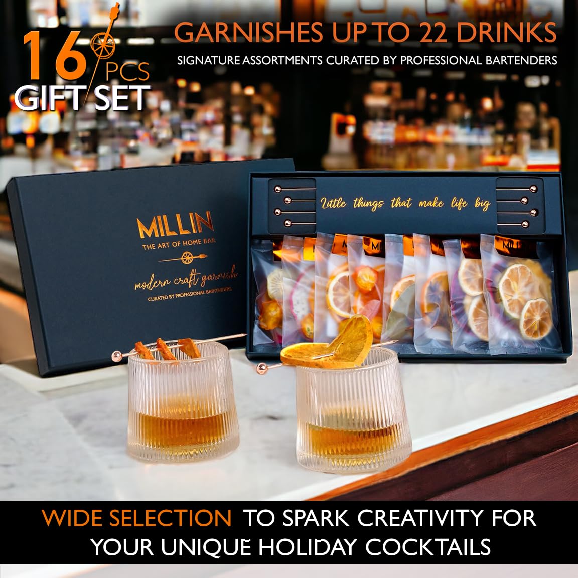 Millin Gourmet Garnish Gift Set – 100% Natural Dehydrated Fruits & Copper Cocktail Picks (35 slices + 8 picks)